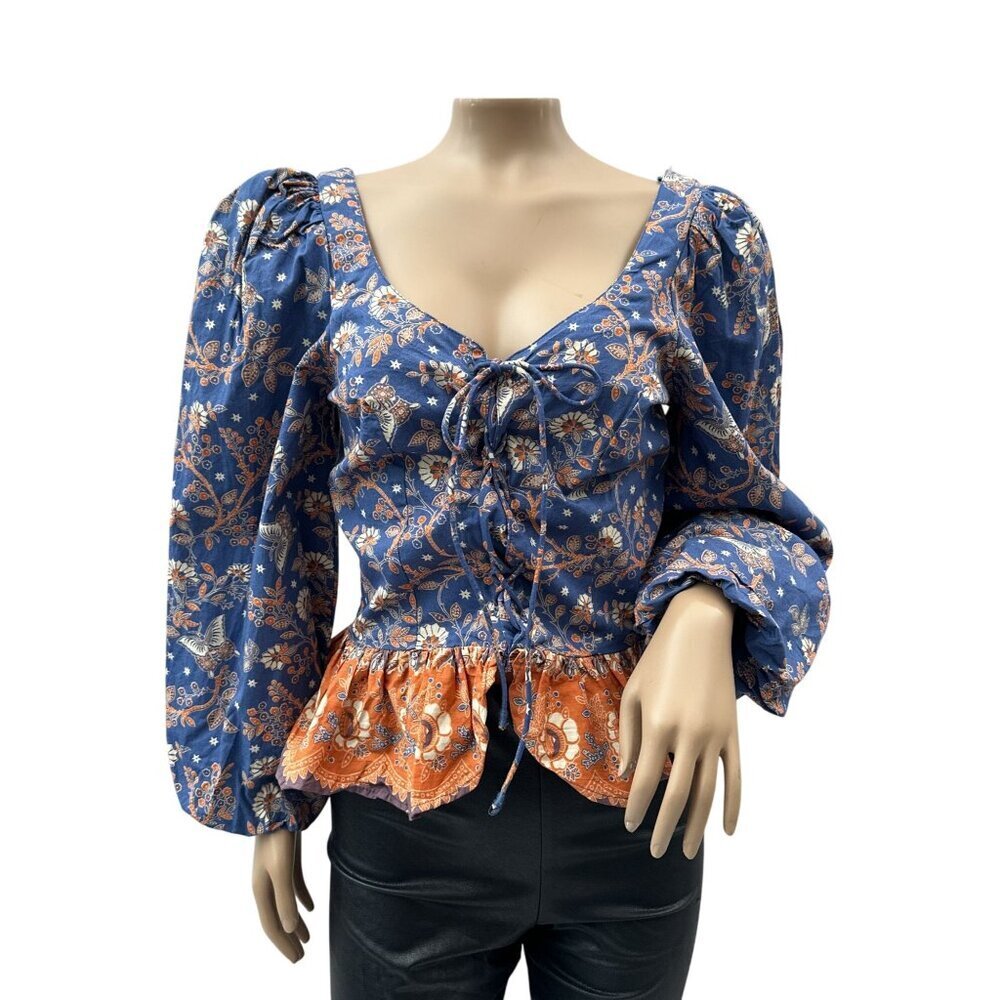 House Of‎ Harlow 1960 Smocked Floral Corset Balloon Sleeve Blouse Womens XS*
